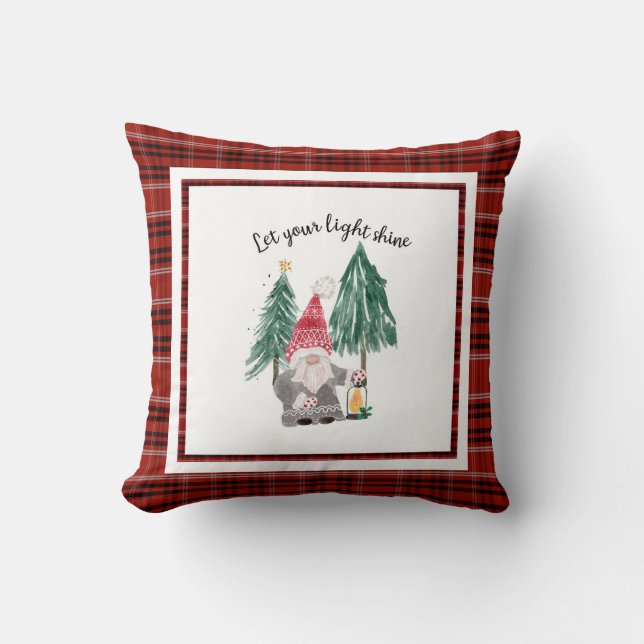 Christmas Red Plaid Gnome Lantern Light Shine Tree Cushion (Front)