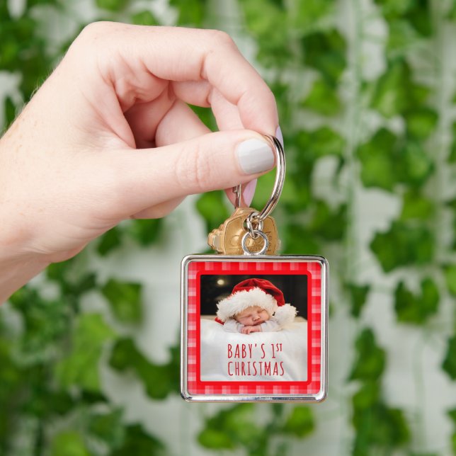 Christmas Red Plaid Holiday Diagonal Stripes Key Ring (Hand)