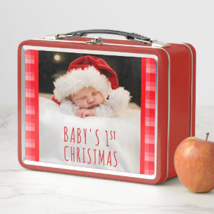 Christmas Red Plaid Holiday Diagonal Stripes Metal Lunch Box