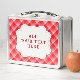 Christmas Red Plaid Holiday Diagonal Stripes Metal Lunch Box