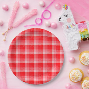 Christmas Red Plaid Holiday Diagonal Stripes Paper Plate