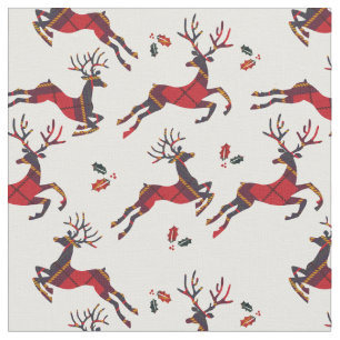 Christmas Red Plaid Holiday Reindeer Fabric