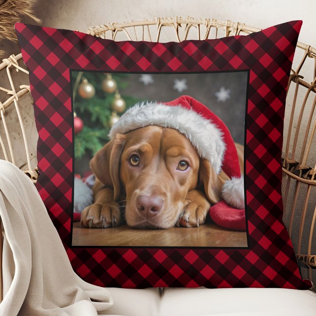 Christmas Red Plaid Pet Dog Personalised Photo Cushion (Creator Uploaded)