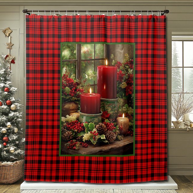 Christmas Red Plaid Red Candles Pine Cones Shower Curtain (Creator Uploaded)