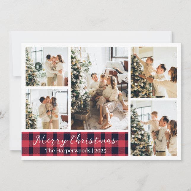  Christmas Red Plaid Reindeer Family Photo Collage Holiday Card (Front)