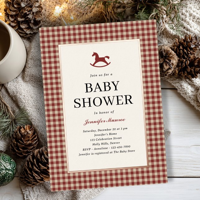 Christmas Red Plaid Rocking Horse Baby Shower (Creator Uploaded)