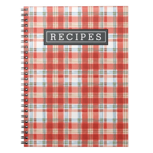 Christmas Red Plaid Watercolor Pattern Recipe Notebook (Front)