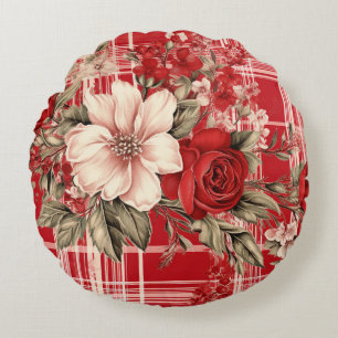 CHRISTMAS RED PLAID WITH HOLIDAY FLOWERS ROUND CUSHION