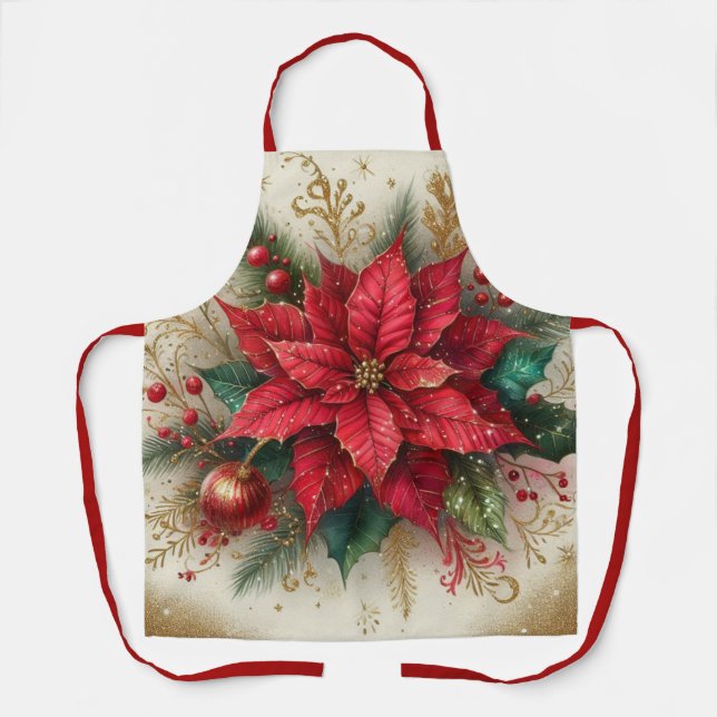 Christmas Red Poinsettia All-Over Print Apron (Front)
