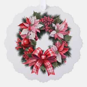 Christmas Red Poinsettia and Berries Wreath Pink Tree Decoration Card