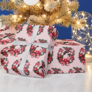 Christmas Red Poinsettia and Berries Wreath Pink  Wrapping Paper