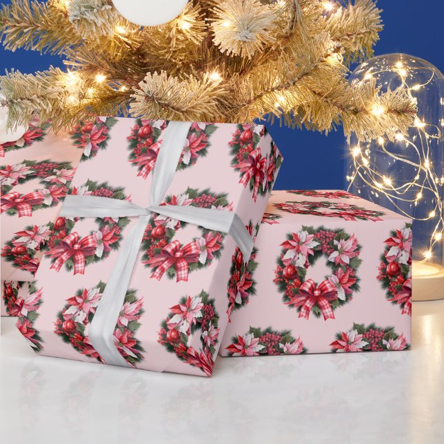 Christmas Red Poinsettia and Berries Wreath Pink  Wrapping Paper (Holidays)