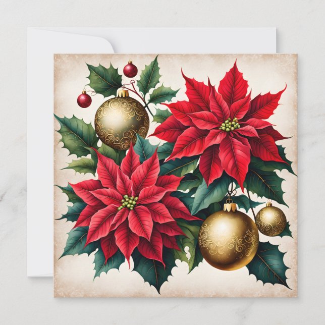 Christmas Red Poinsettia and Golden Ornaments  Holiday Card (Front)