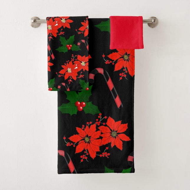 Christmas Red Poinsettia and Holly Leaves  Bath Towel Set (Insitu)