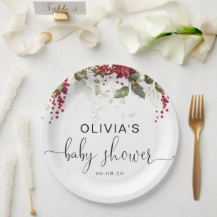 Christmas Red Poinsettia Baby Shower Paper Plate