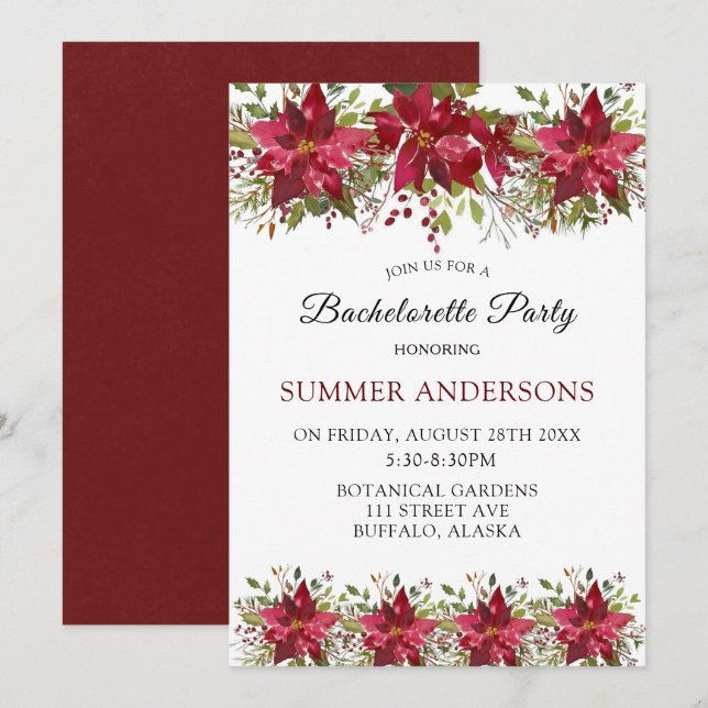 Christmas Red Poinsettia Bachelorette Party Invitation (Front/Back)