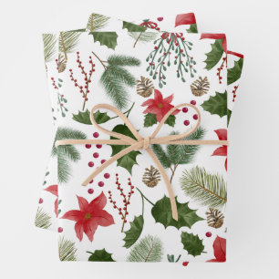 Christmas Red Poinsettia, Berries, Pine Branches  Wrapping Paper Sheet