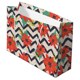 Christmas Red Poinsettia Black & White Chevron Large Gift Bag
