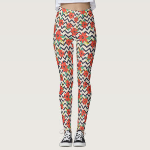 Christmas Red Poinsettia Black & White Chevron Leggings