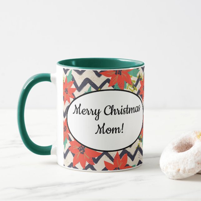 Christmas Red Poinsettia Black & White Chevron Mug (With Donut)