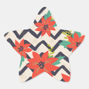 Christmas Red Poinsettia Black & White Chevron Star Sticker