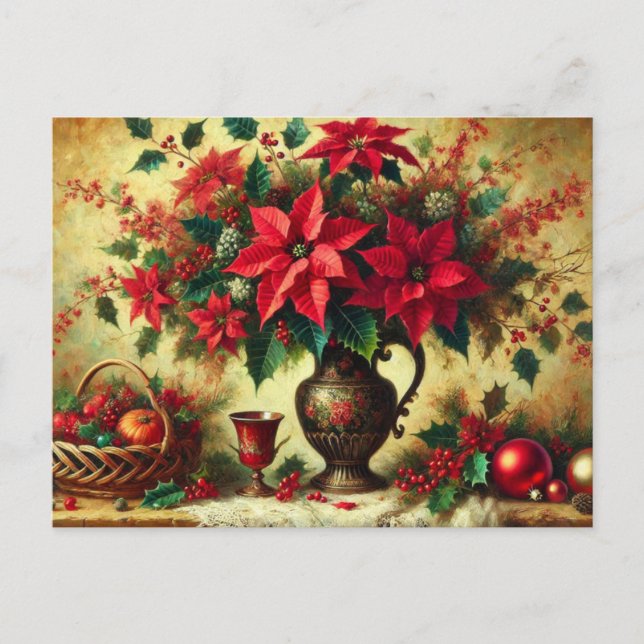 Christmas Red Poinsettia Bouquet  Holiday Postcard (Front)