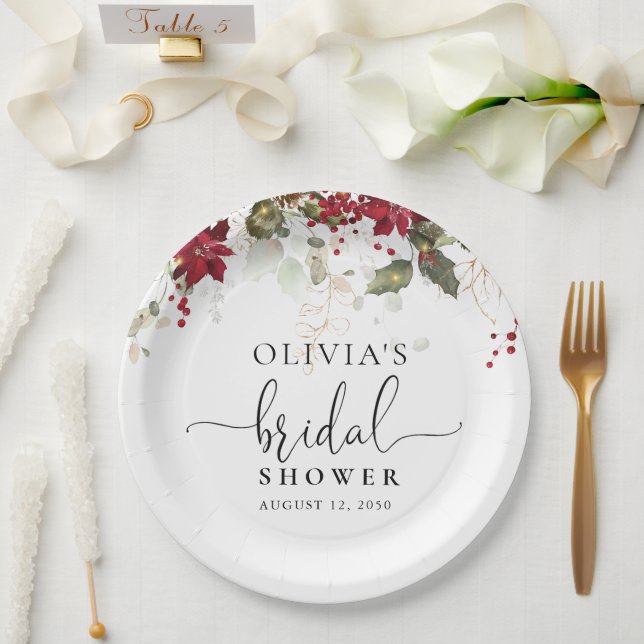Christmas Red Poinsettia Bridal Shower Paper Plate (Wedding)