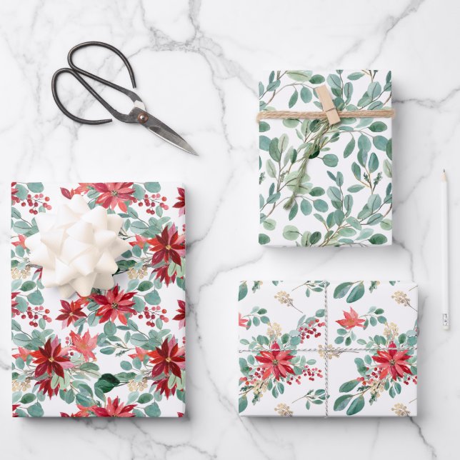 Christmas Red Poinsettia Eucalyptus Watercolor Wrapping Paper Sheet (Front)