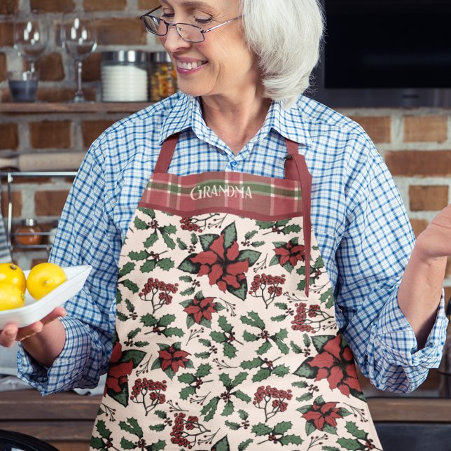 Christmas Red Poinsettia Floral Apron (Elegant Christmas Red Poinsettia, Holly Berry & Plaid Apron. Hand Drawn Winter Poinsettias & Berries)