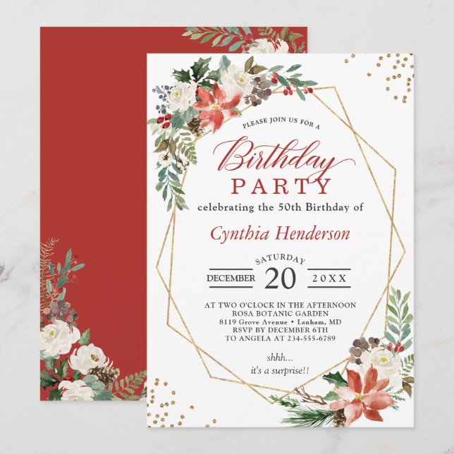 Christmas Red Poinsettia Floral Birthday Party Invitation (Front/Back)