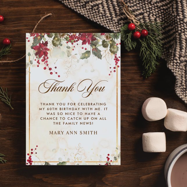 Christmas Red Poinsettia Floral Birthday Party Thank You Card (Creator Uploaded)