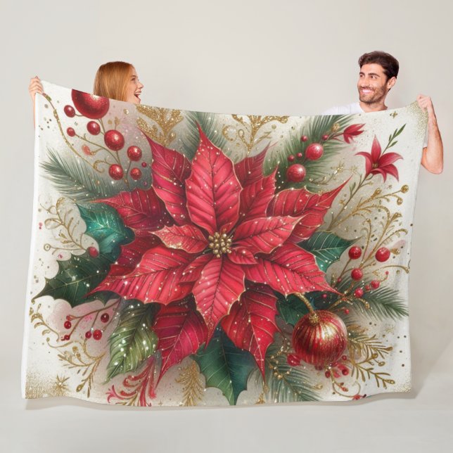 Christmas Red Poinsettia Floral Fleece Blanket (In Situ)