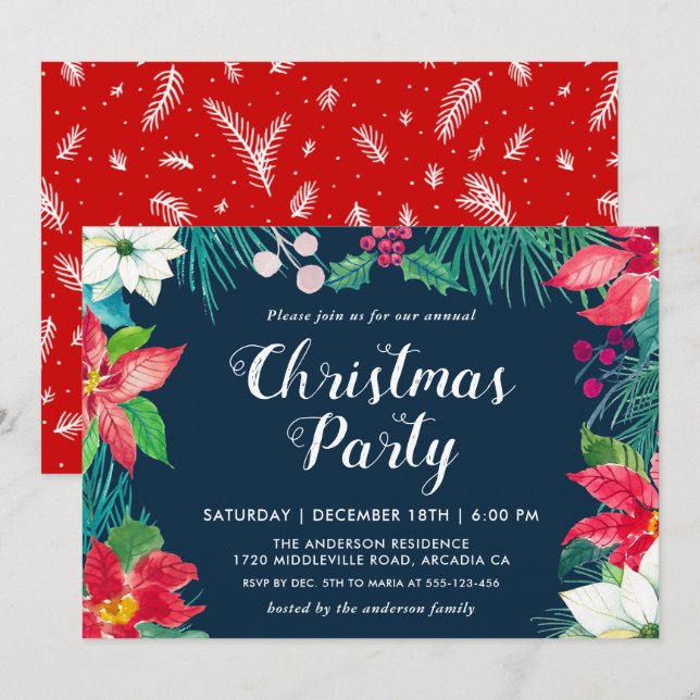 Christmas Red Poinsettia Floral Holiday Party Invitation (Front/Back)