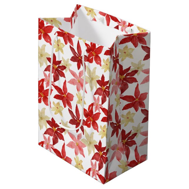 Christmas Red Poinsettia Floral Holiday Pattern   Medium Gift Bag (Front Angled)