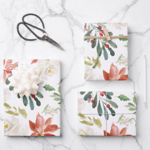 Christmas Red Poinsettia Floral Watercolor Wrapping Paper Sheet