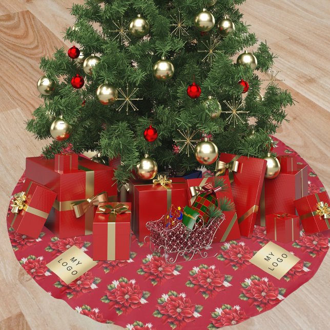 Christmas red poinsettia flower business logo brushed polyester tree skirt (Creator Uploaded)