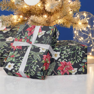 Christmas Red Poinsettia Flowers and Berries Wrapping Paper