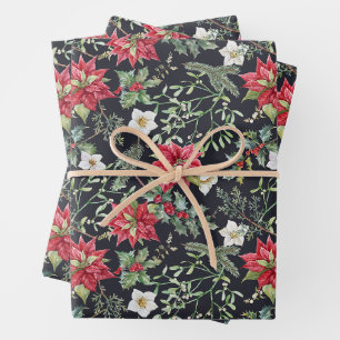 Christmas Red Poinsettia Flowers and Berries Wrapping Paper Sheet