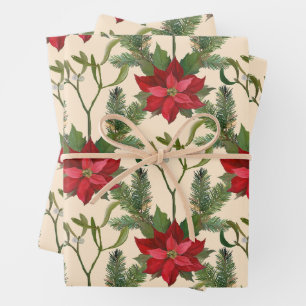 Christmas Red Poinsettia Flowers and Pine Branches Wrapping Paper Sheet