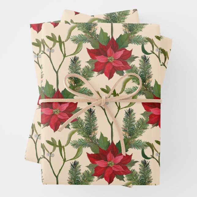 Christmas Red Poinsettia Flowers and Pine Branches Wrapping Paper Sheet (In situ)