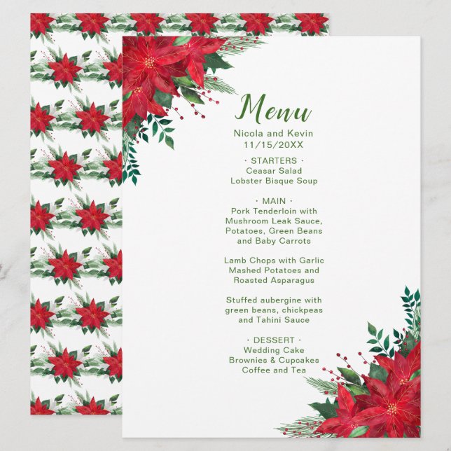 Christmas Red Poinsettia Flowers Wedding Menu (Front/Back)
