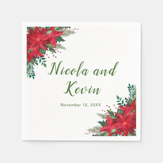 Christmas Red Poinsettia Flowers Wedding Napkin (Front)