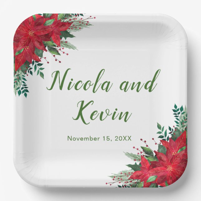 Christmas Red Poinsettia Flowers Wedding Paper Plate (Front)