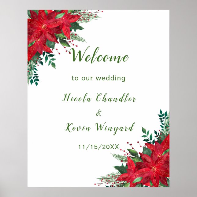 Christmas Red Poinsettia Flowers Wedding Poster (Front)