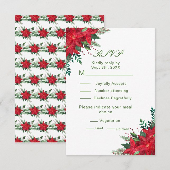 Christmas Red Poinsettia Flowers Wedding RSVP (Front/Back)