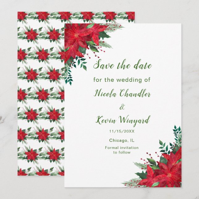Christmas Red Poinsettia Flowers Wedding Save The Date (Front/Back)
