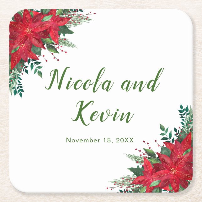 Christmas Red Poinsettia Flowers Wedding Square Paper Coaster (Front)