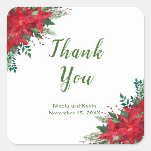 Christmas Red Poinsettia Flowers Wedding Square Sticker