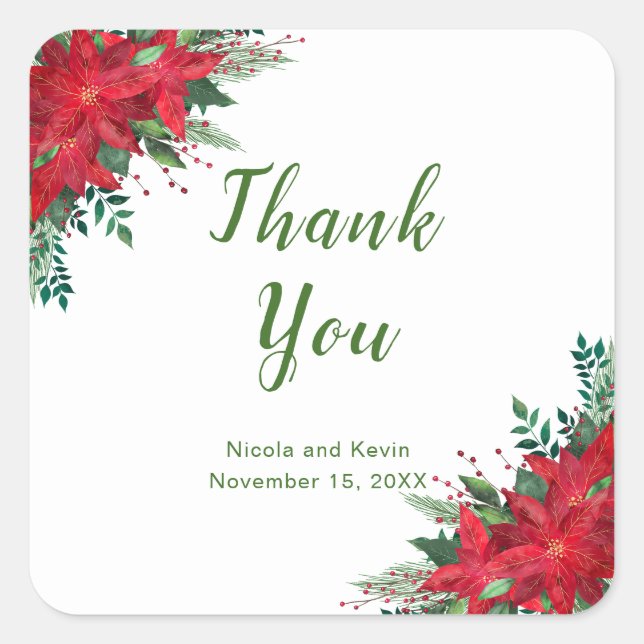 Christmas Red Poinsettia Flowers Wedding Square Sticker (Front)