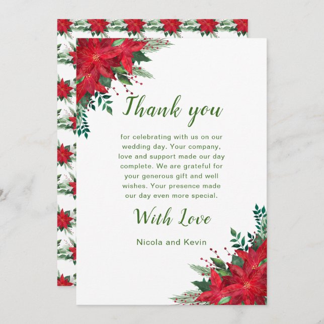 Christmas Red Poinsettia Flowers Wedding Thank You Card (Front/Back)